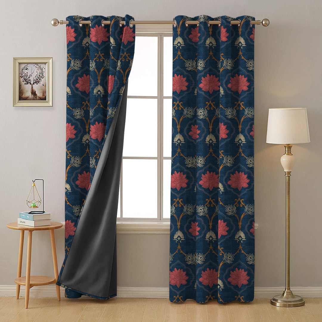 Kamal Indie Prussian Blue Heavy Satin Room Darkening Curtains Set Of 2 - (DS517A)