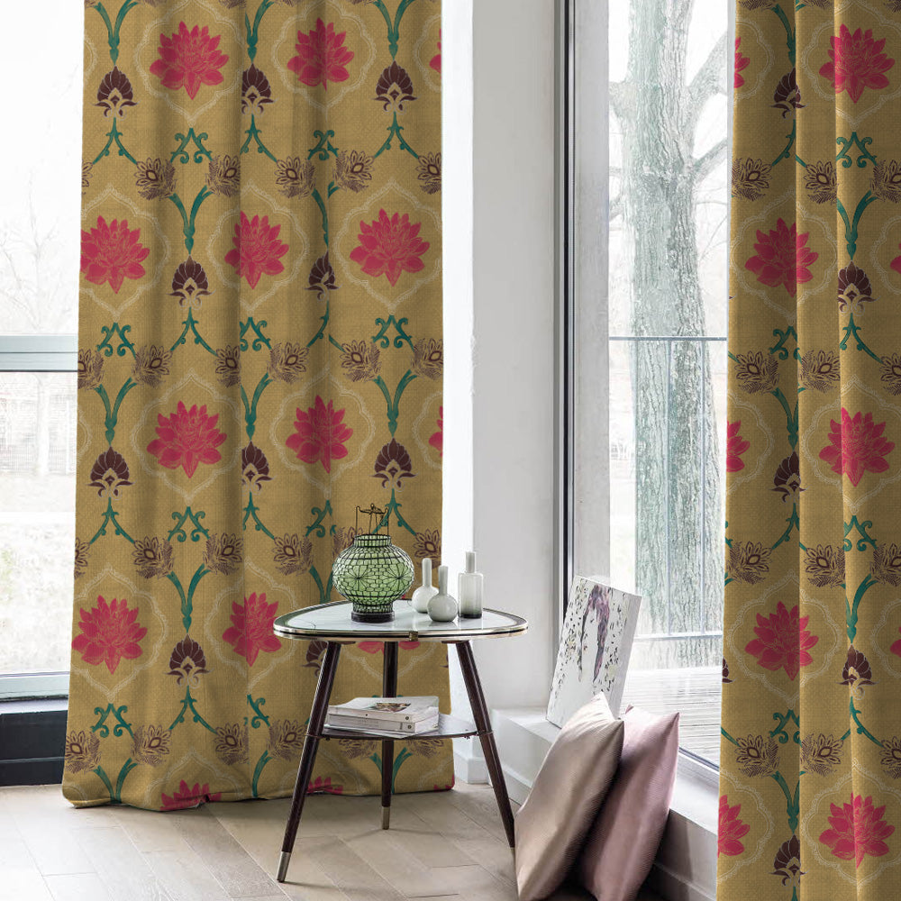 Kamal Indie Saffron Yellow Heavy Satin Room Darkening Curtains Set Of 2 - (DS517C)