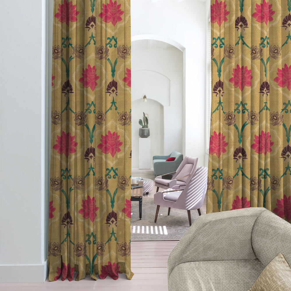 Kamal Indie Saffron Yellow Heavy Satin Room Darkening Curtains Set Of 2 - (DS517C)