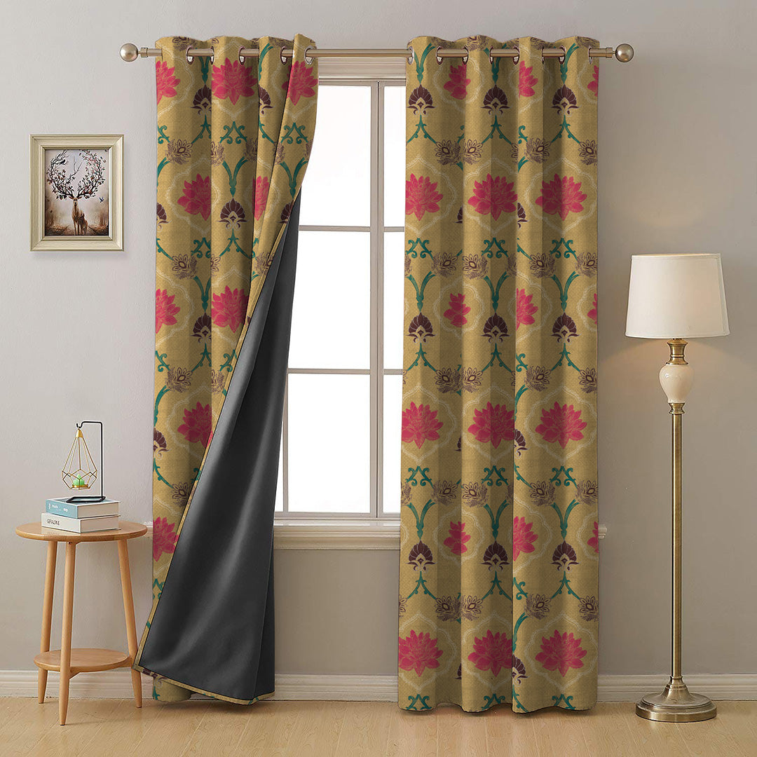 Kamal Indie Saffron Yellow Heavy Satin Room Darkening Curtains Set Of 2 - (DS517C)