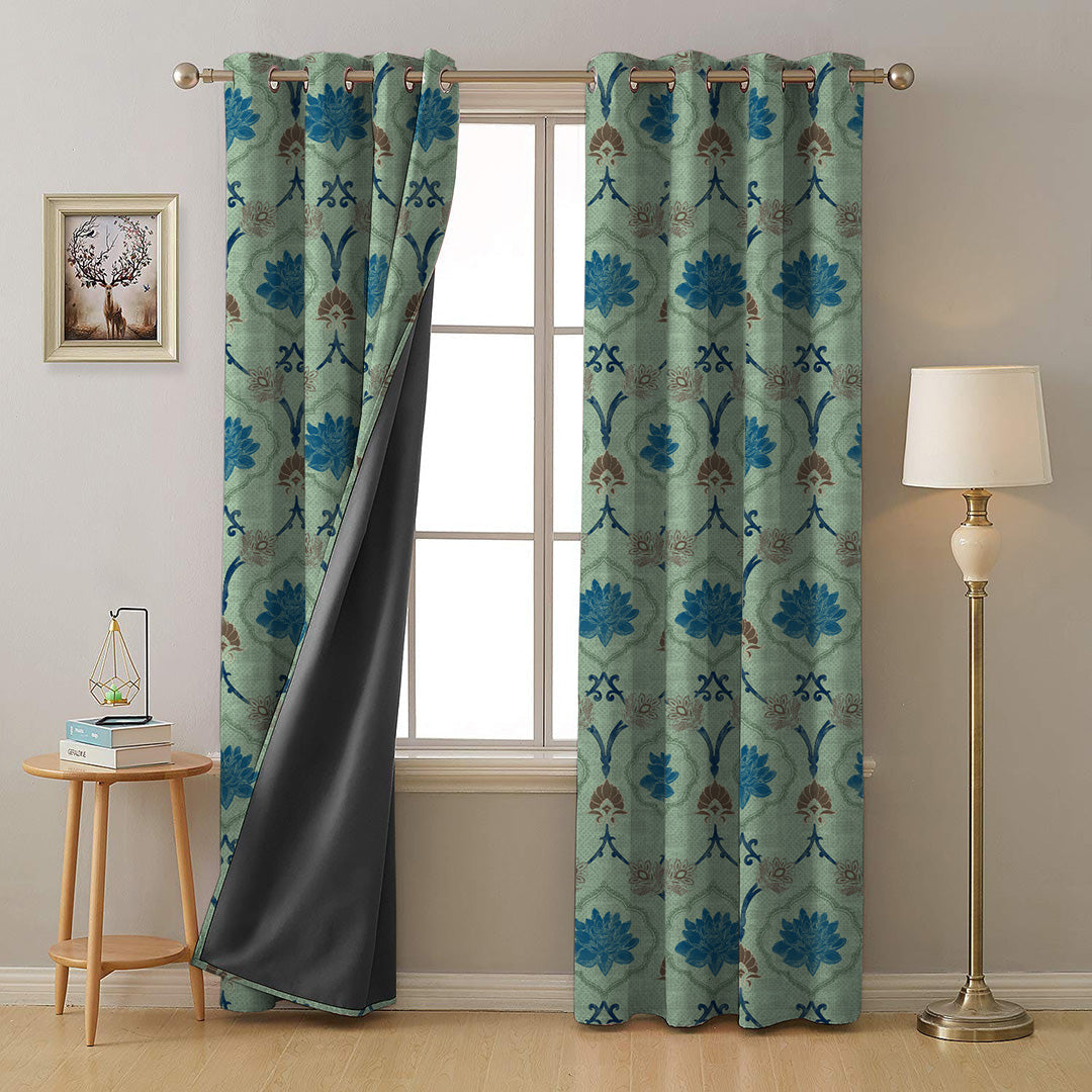Kamal Indie Teal Heavy Satin Room Darkening Curtains Set Of 2 - (DS517D)