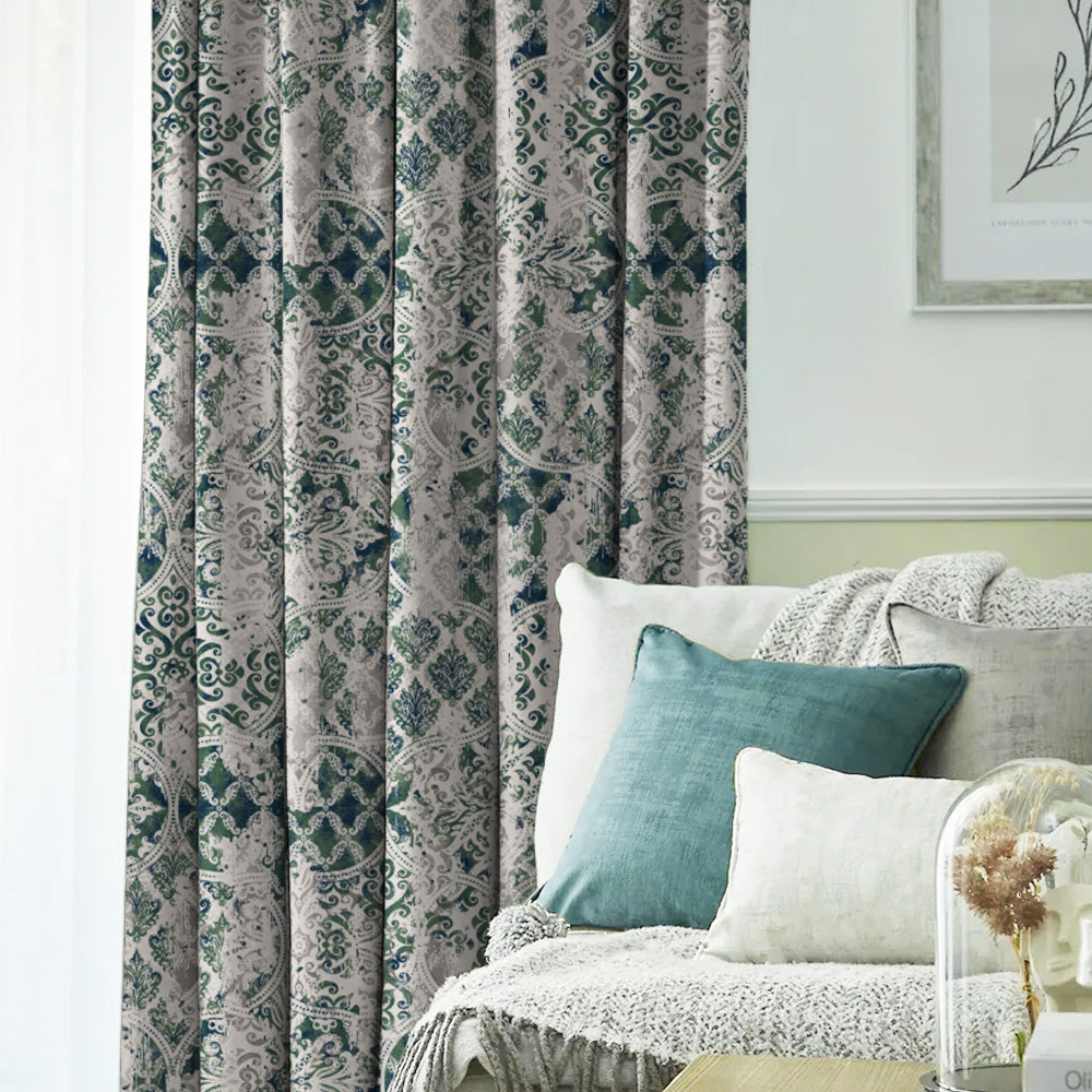 Damask Delight Indie Pear Green Heavy Satin Room Darkening Curtains Set Of 2 - (DS524C)