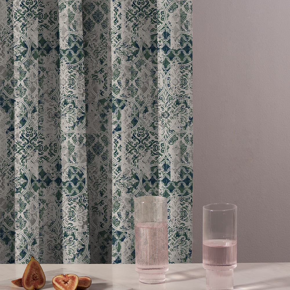 Damask Delight Indie Pear Green Heavy Satin Room Darkening Curtains Set Of 2 - (DS524C)