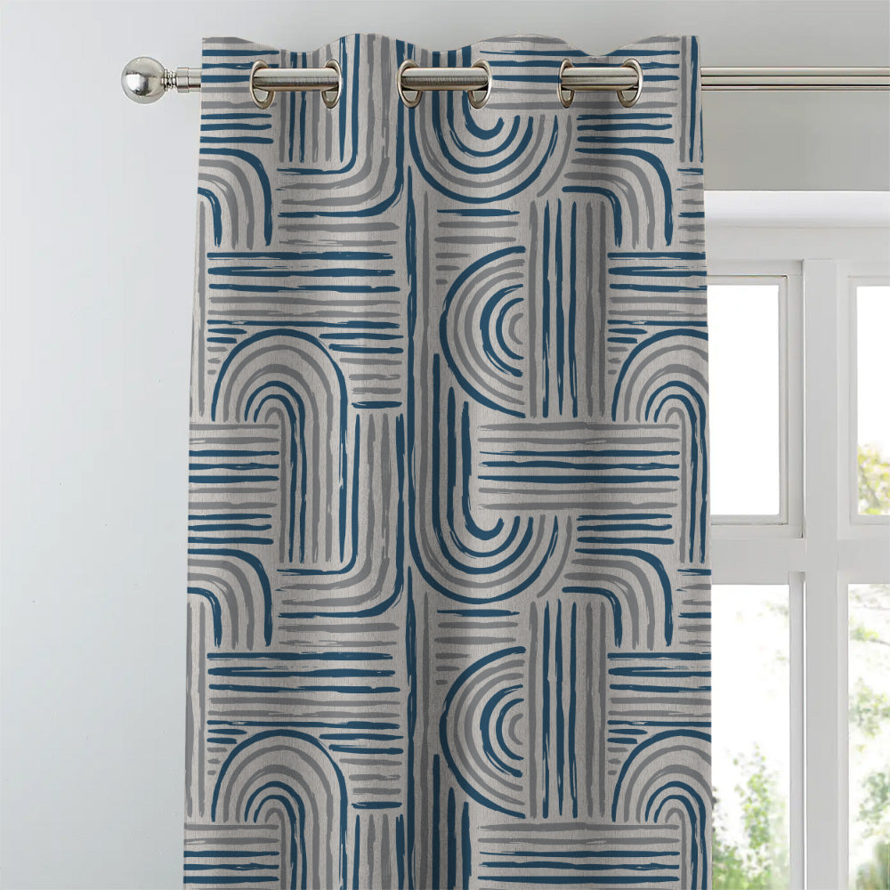 Poetic Curves Geometric Steel Blue Heavy Satin Room Darkening Curtains Set Of 2 - (DS528D)