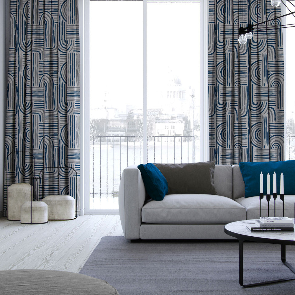 Poetic Curves Geometric Steel Blue Heavy Satin Room Darkening Curtains Set Of 2 - (DS528D)