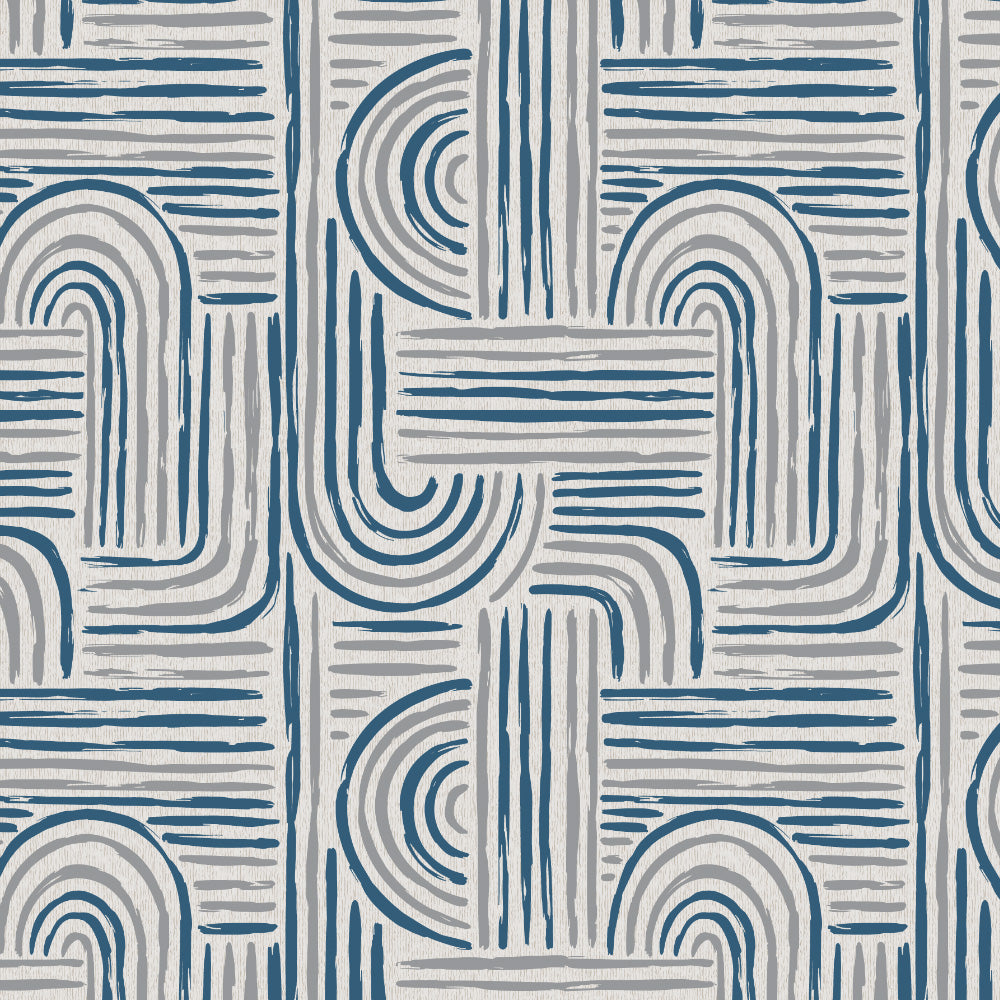 Poetic Curves Geometric Steel Blue Heavy Satin Room Darkening Curtains Set Of 2 - (DS528D)