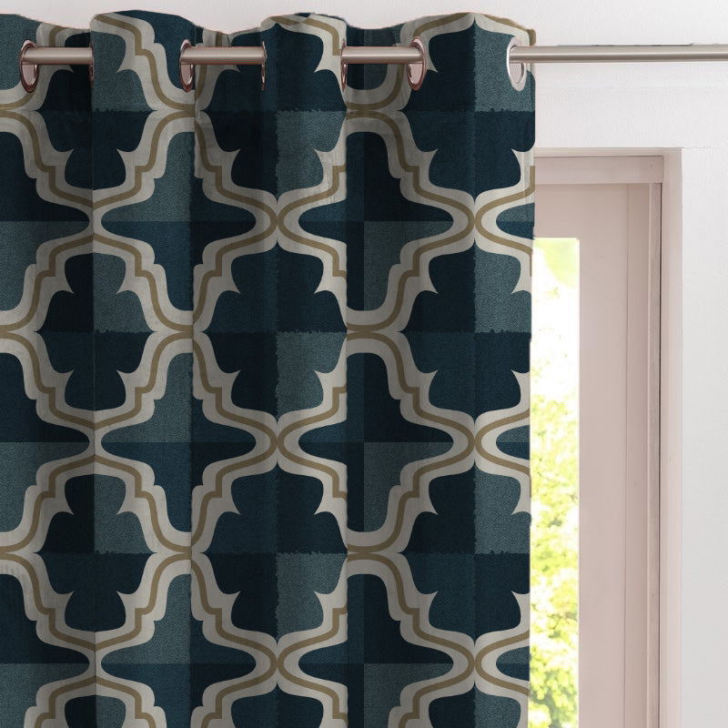 Urban Weave Geometric Ocean Blue Velvet Room Darkening Curtains Set Of 2 - (DS545B)