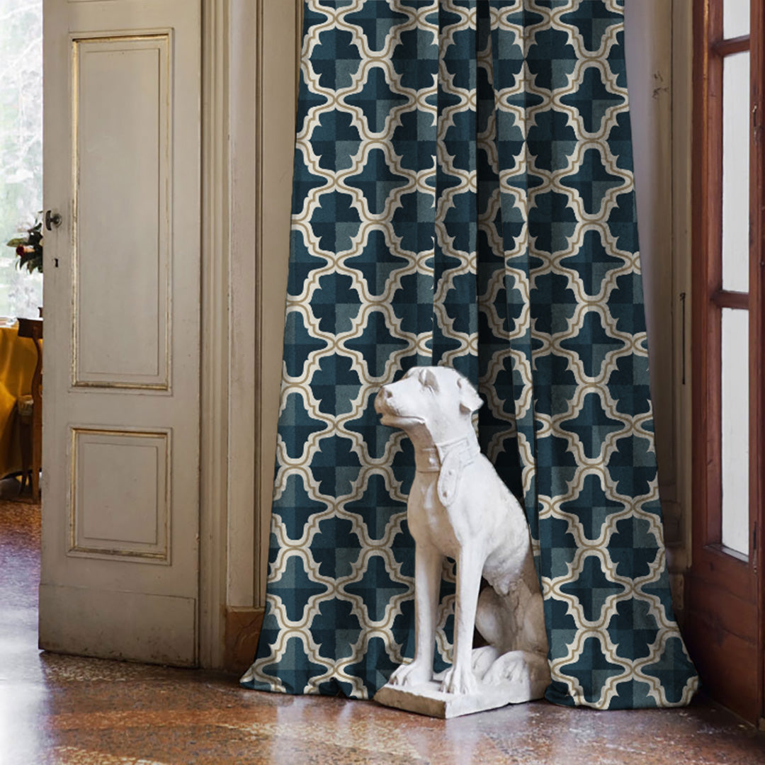 Urban Weave Geometric Ocean Blue Velvet Room Darkening Curtains Set Of 2 - (DS545B)