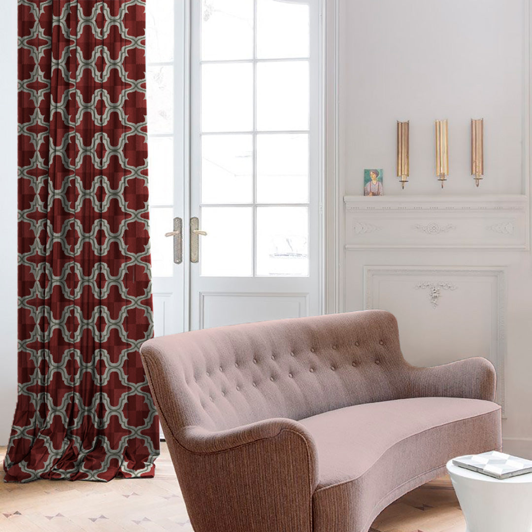 Urban Weave Geometric Barn Red Velvet Room Darkening Curtains Set Of 2 - (DS545C)
