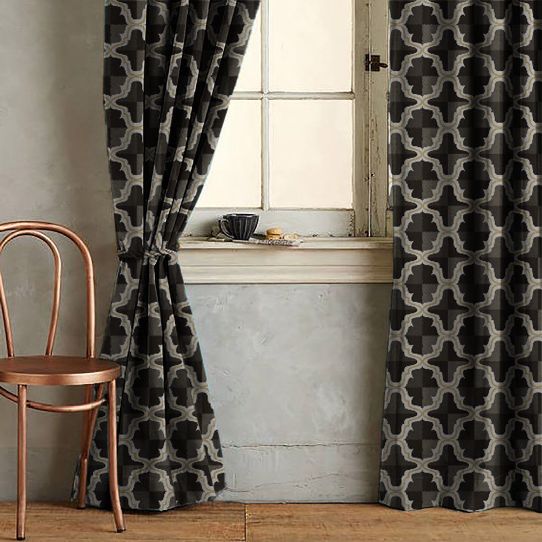 Urban Weave Geometric Metal Black Velvet Room Darkening Curtains Set Of 2 - (DS545F)