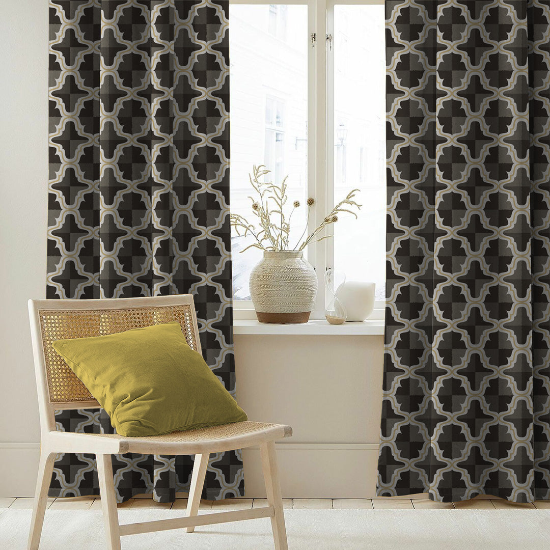 Urban Weave Geometric Metal Black Velvet Room Darkening Curtains Set Of 2 - (DS545F)