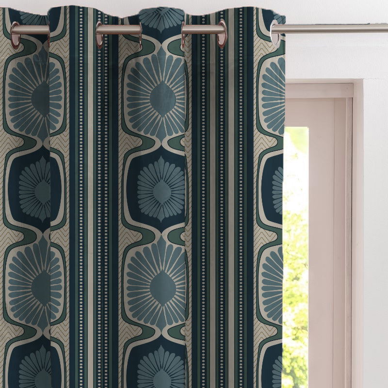 Structured Symmetry Geometric Ocean Blue Velvet Room Darkening Curtains Set Of 2 - (DS546B)