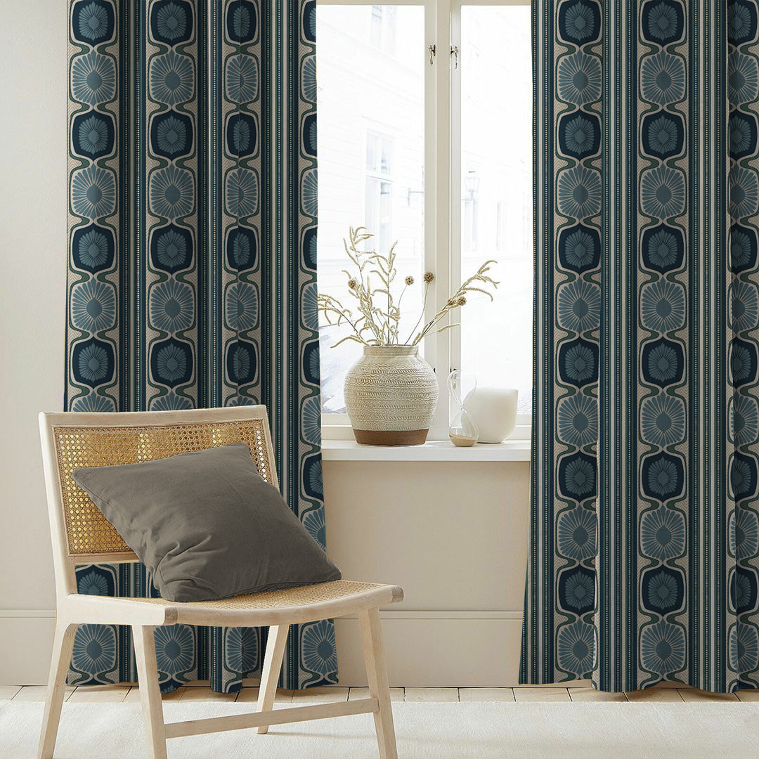 Structured Symmetry Geometric Ocean Blue Velvet Room Darkening Curtains Set Of 2 - (DS546B)