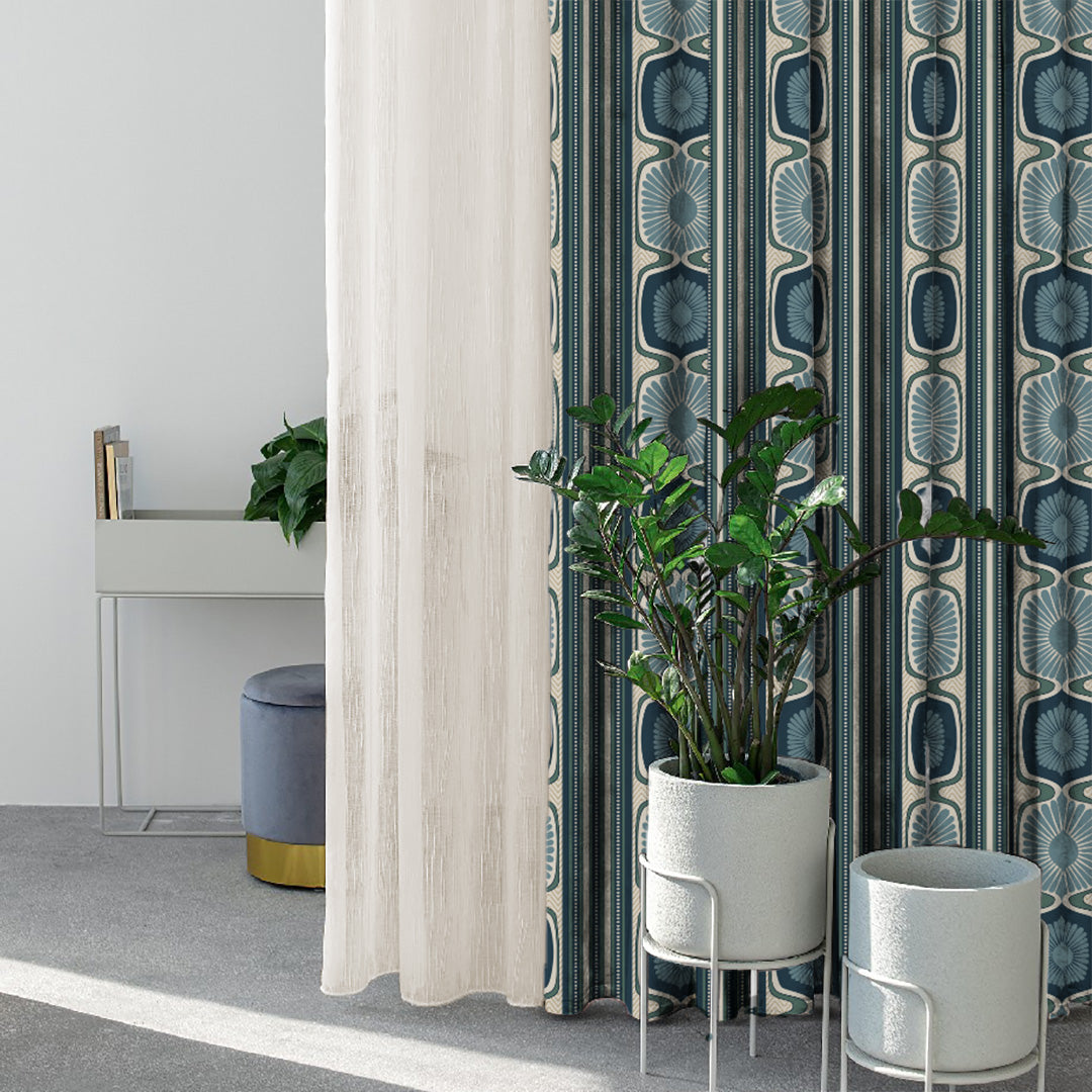 Structured Symmetry Geometric Ocean Blue Velvet Room Darkening Curtains Set Of 2 - (DS546B)