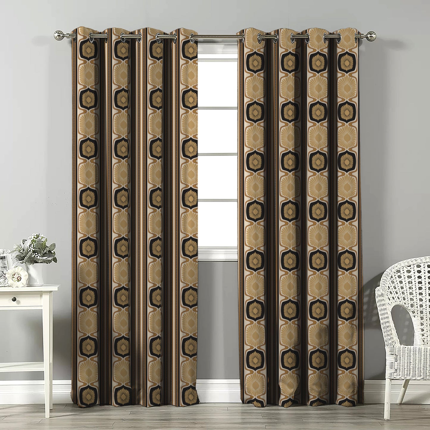 Structured Symmetry Geometric Metal Black Velvet Room Darkening Curtains Set Of 2 - (DS546F)