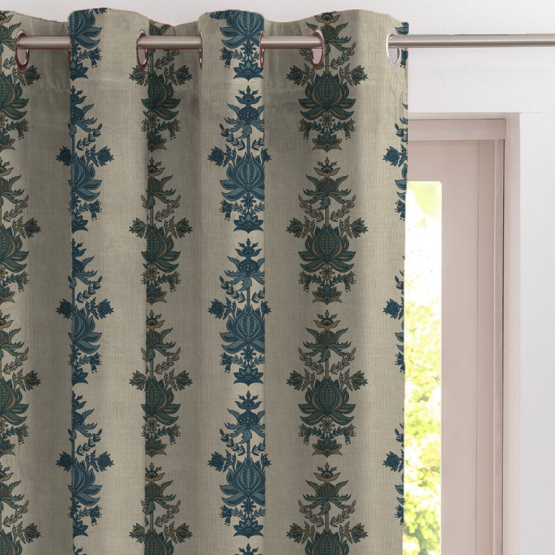 Desi Floral Indie Ocean Blue Velvet Room Darkening Curtains Set Of 2 - (DS547B)