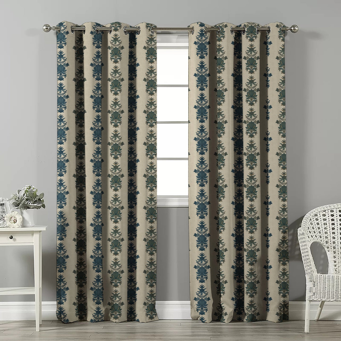 Desi Floral Indie Ocean Blue Velvet Room Darkening Curtains Set Of 2 - (DS547B)