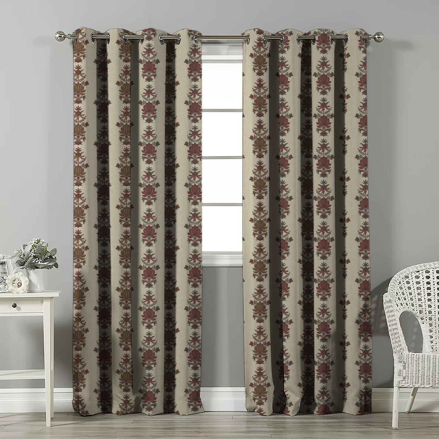 Desi Floral Indie Barn Red Velvet Room Darkening Curtains Set Of 2 - (DS547C)