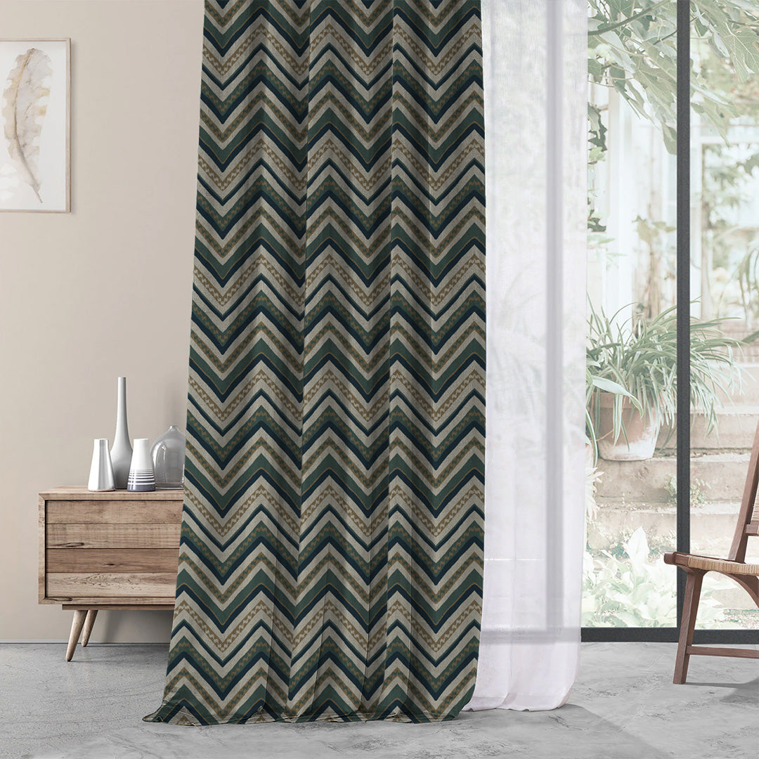 Chevron Harmony Geometric Ocean Blue Velvet Room Darkening Curtains Set Of 2 - (DS548B)