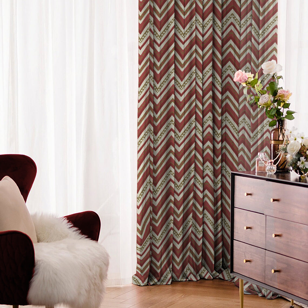 Chevron Harmony Geometric Barn Red Velvet Room Darkening Curtains Set Of 2 - (DS548C)