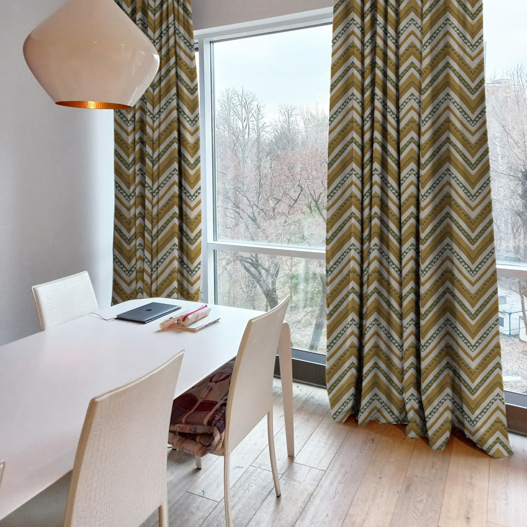 Chevron Harmony Geometric Corn Yellow Velvet Room Darkening Curtains Set Of 2 - (DS548D)