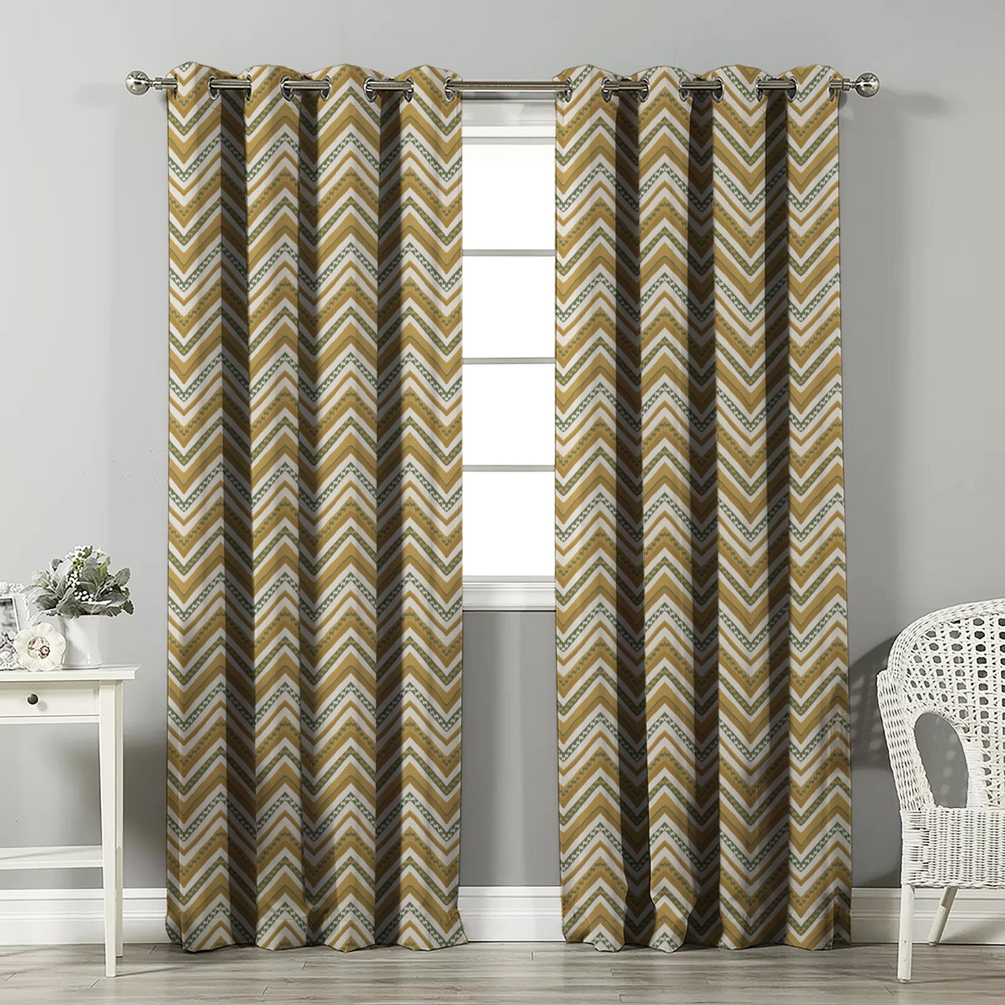 Chevron Harmony Geometric Corn Yellow Velvet Room Darkening Curtains Set Of 2 - (DS548D)