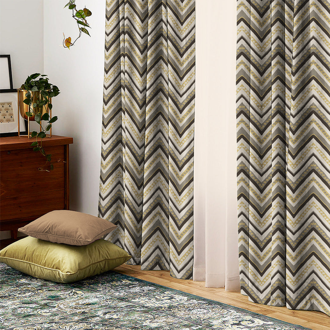 Chevron Harmony Geometric Ash Grey Velvet Room Darkening Curtains Set Of 2 - (DS548E)