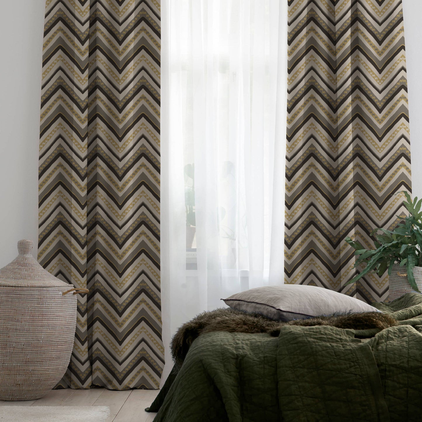 Chevron Harmony Geometric Ash Grey Velvet Room Darkening Curtains Set Of 2 - (DS548E)