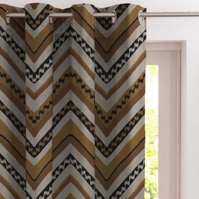 Chevron Harmony Geometric Mustard Yellow Velvet Room Darkening Curtains Set Of 1pc - (DS548F)