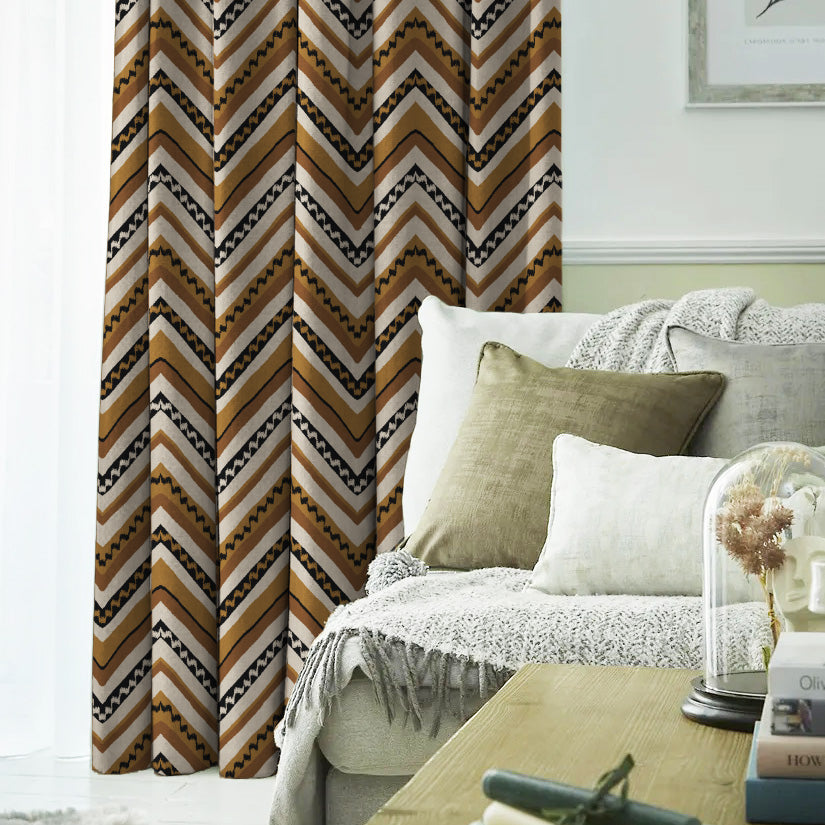 Chevron Harmony Geometric Mustard Yellow Velvet Room Darkening Curtains Set Of 1pc - (DS548F)