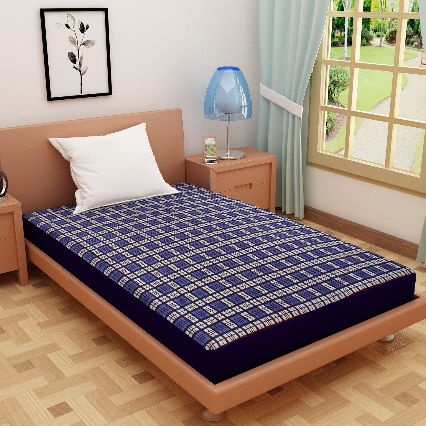 Waterproof Mattress Protector with 360 Degree Elastic Strap, Luxury Terry Printed (Blue, Available in 16 Sizes)