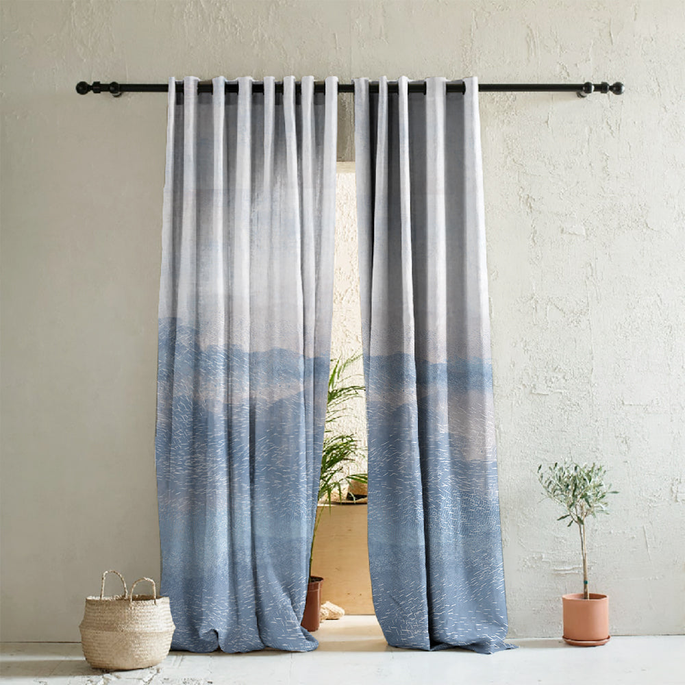 Coastal Calm Geometric Weldon Blue Heavy Satin Room Darkening Curtain Set of 2 - DS604