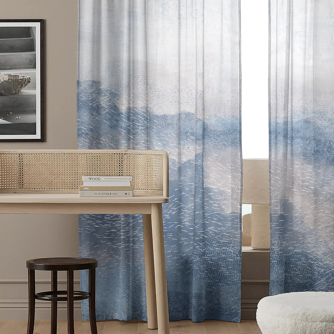 Coastal Calm Geometric Weldon Blue Heavy Satin Room Darkening Curtain Set of 2 - DS604