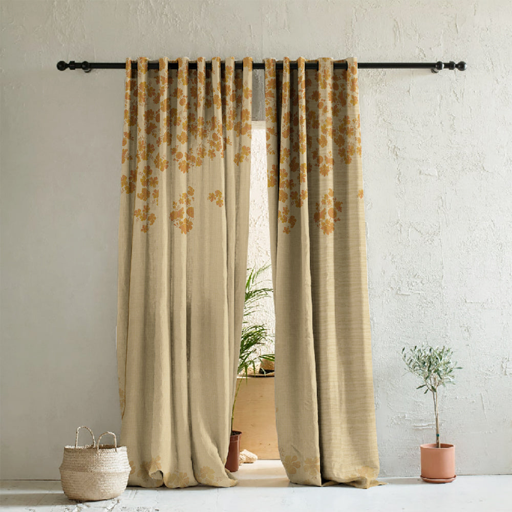 Sunlit Petals Floral Khaki Beige Heavy Satin Room Darkening Curtain Set of 2 - DS606