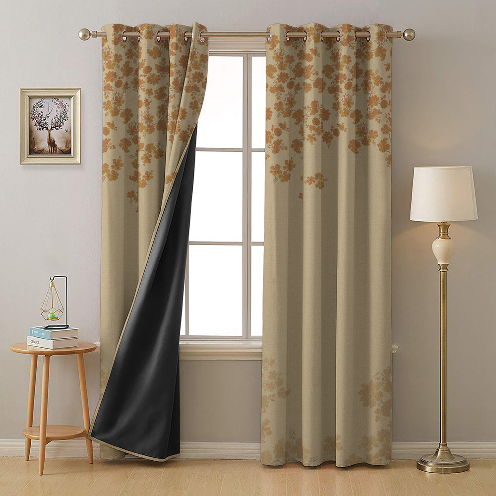 Sunlit Petals Floral Khaki Beige Heavy Satin Room Darkening Curtain Set of 2 - DS606