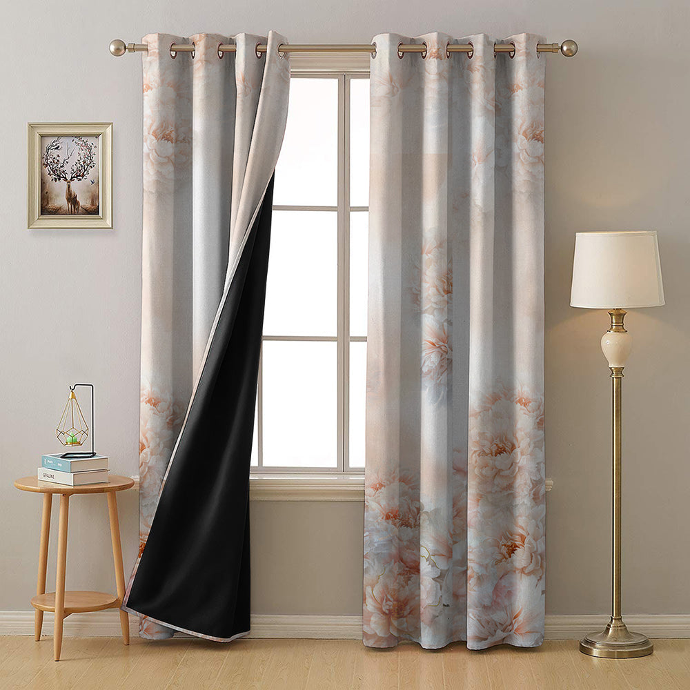 Summer Blush Floral Chestnut Pink Heavy Satin Room Darkening Curtain Set of 2 - DS607