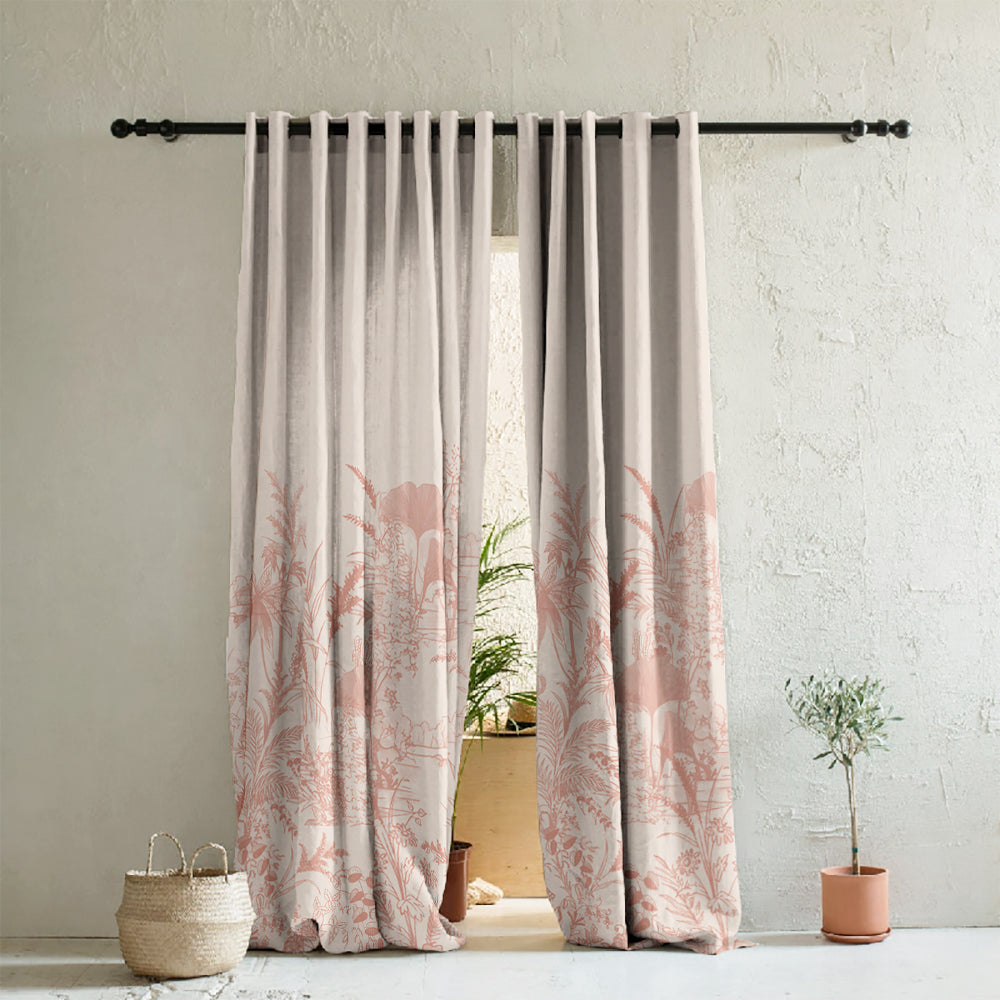 Tropical Sketch Floral Pastel Pink Heavy Satin Room Darkening Curtain Set of 2 - DS609