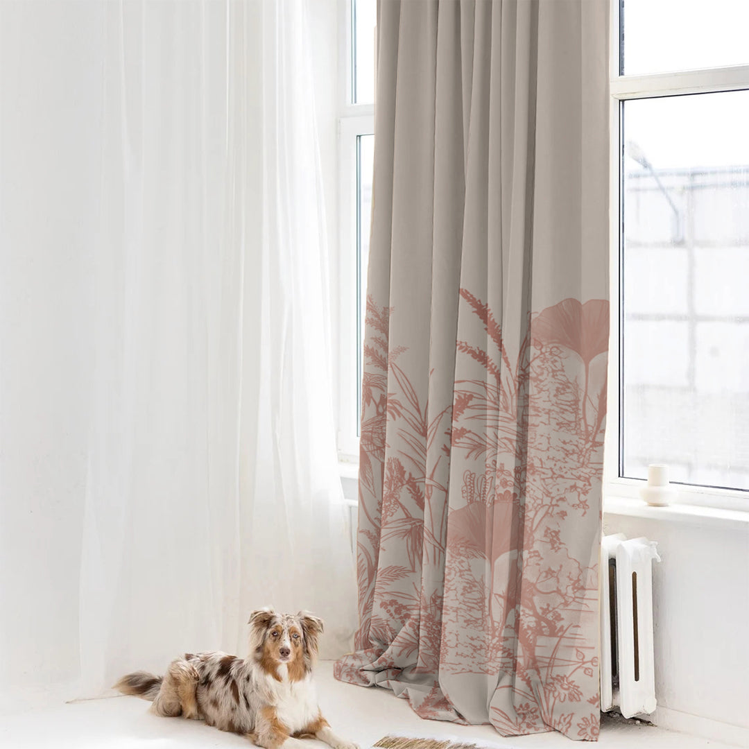 Tropical Sketch Floral Pastel Pink Heavy Satin Room Darkening Curtain Set of 2 - DS609