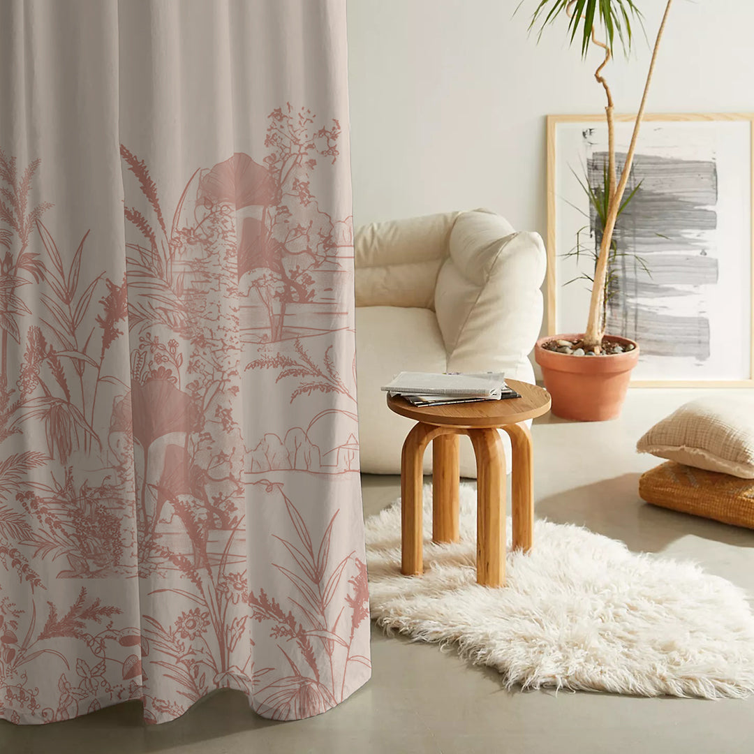 Tropical Sketch Floral Pastel Pink Heavy Satin Room Darkening Curtain Set of 2 - DS609