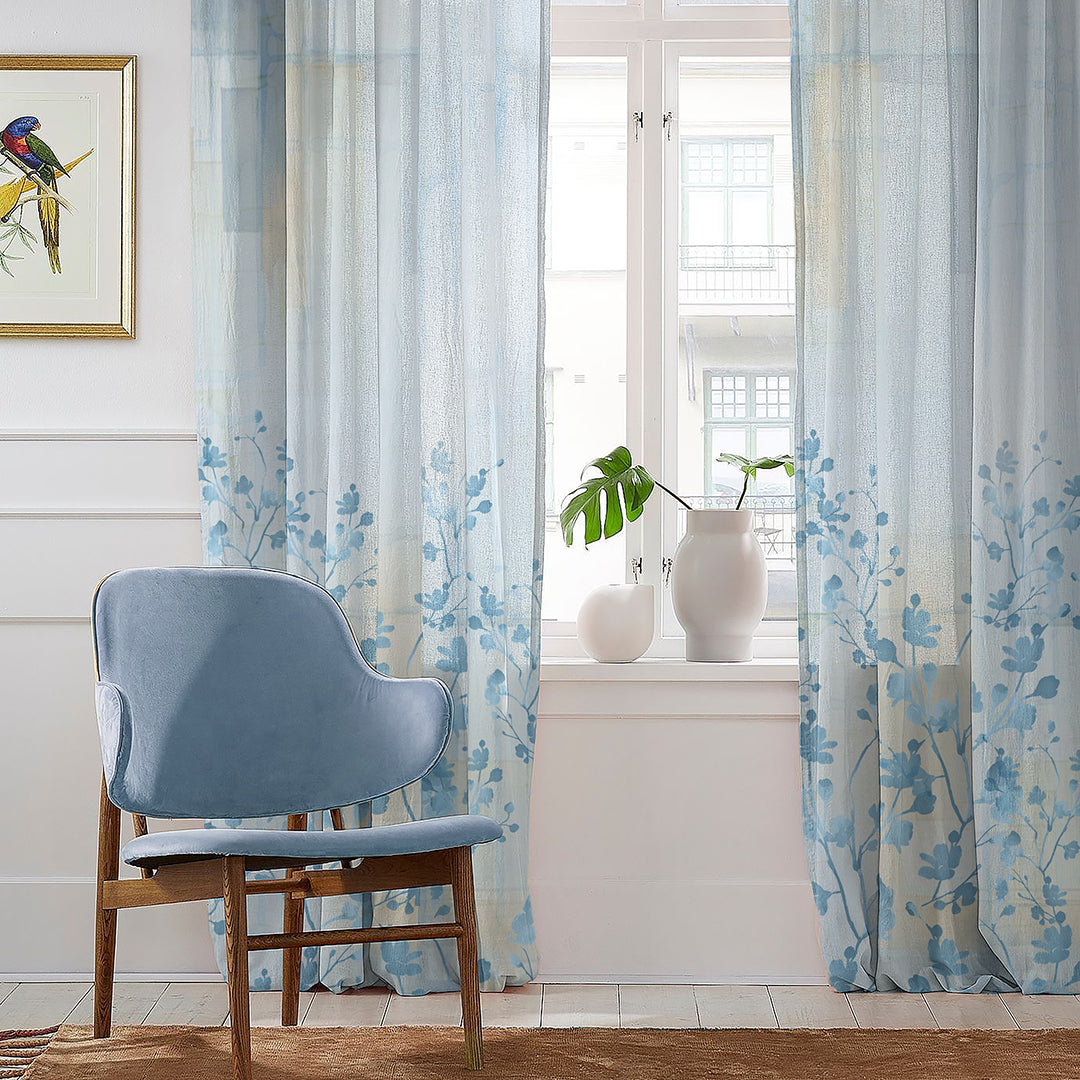 Misty Horizon Floral Columbia Blue Heavy Satin Room Darkening Curtain Set of 2 - DS611
