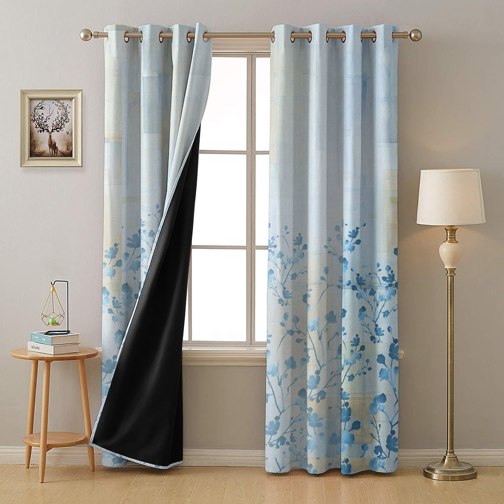 Misty Horizon Floral Columbia Blue Heavy Satin Room Darkening Curtain Set of 2 - DS611