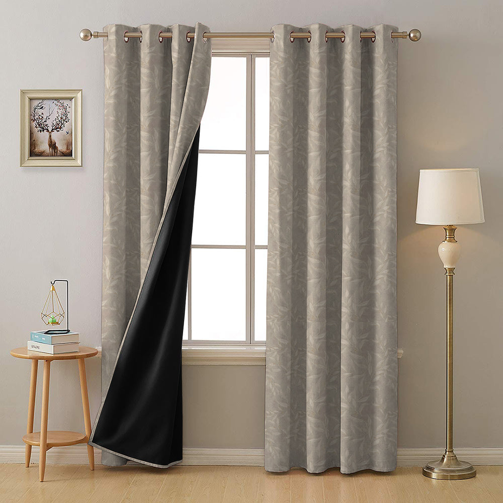 Bloomscape Floral Vanilla Beige Heavy Satin Room Darkening Curtain Set of 2 - DS614