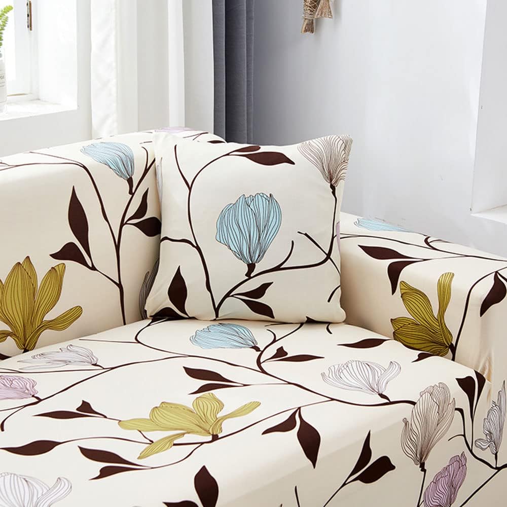 L Shape Sofa Cover- Flower Beige - Luxury Quality Strechable & Dust-proof Sofa Cover