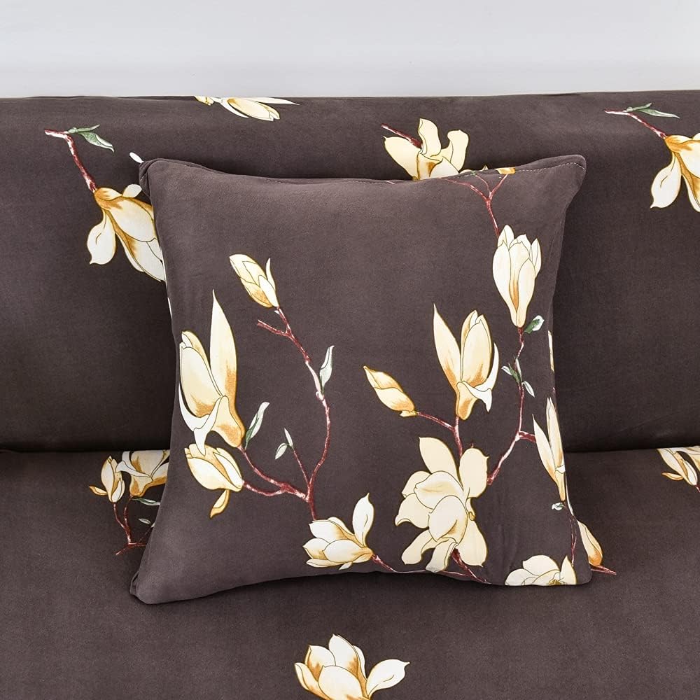 L Shape Sofa Cover- Floral Dark Coffee - Luxury Quality Strechable & Dust-proof Sofa Cover