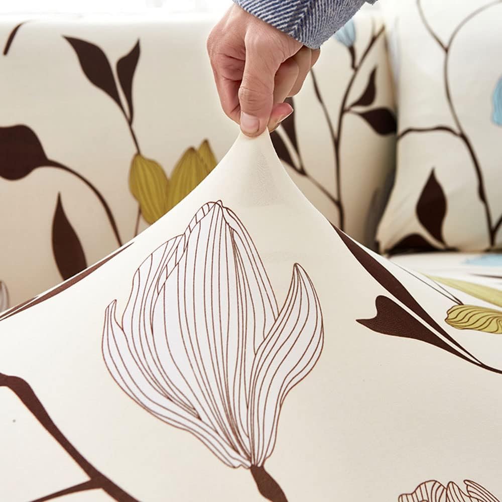 L Shape Sofa Cover- Flower Beige - Luxury Quality Strechable & Dust-proof Sofa Cover