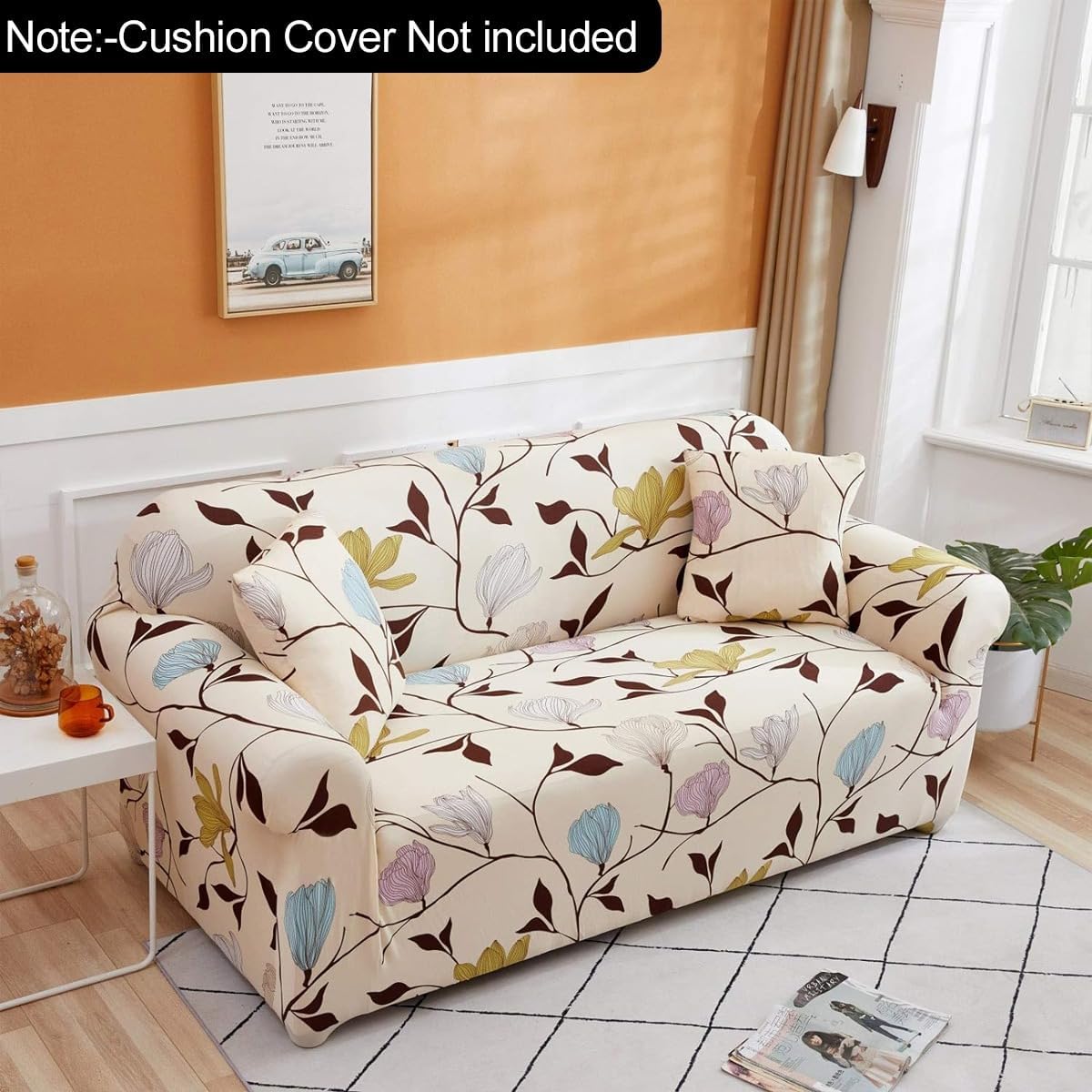L Shape Sofa Cover-Flooral Beige- Luxury Quality Strechable & Dust-proof Sofa Cover