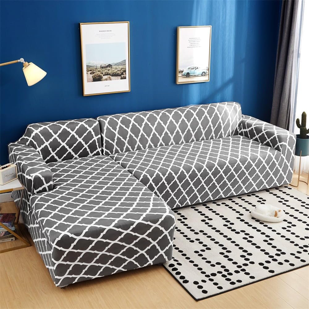 L Shape Sofa Cover-Grey Diamond - Luxury Quality Strechable & Dust-proof Sofa Cover