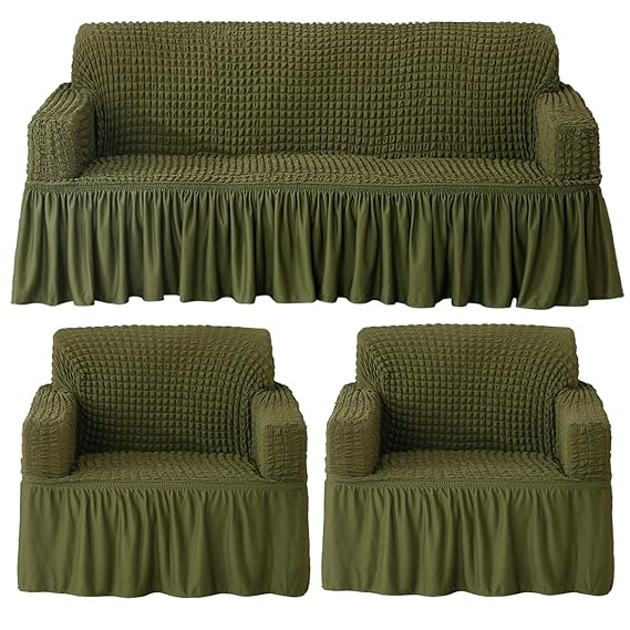Elastic Stretchable Bubble 280 GSM Sofa Cover with Frill, Forest Green