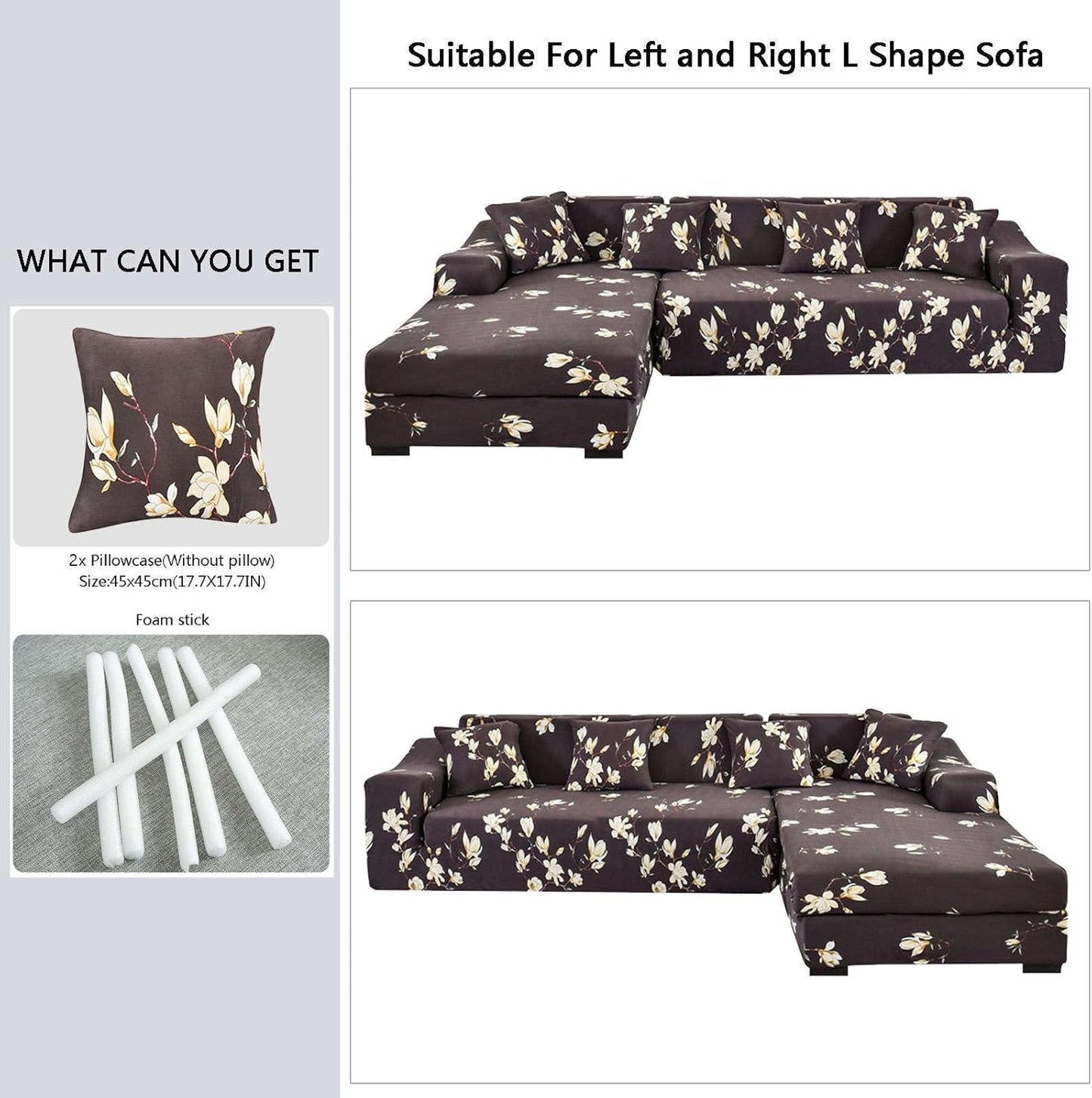 L Shape Sofa Cover- Floral Dark Coffee - Luxury Quality Strechable & Dust-proof Sofa Cover