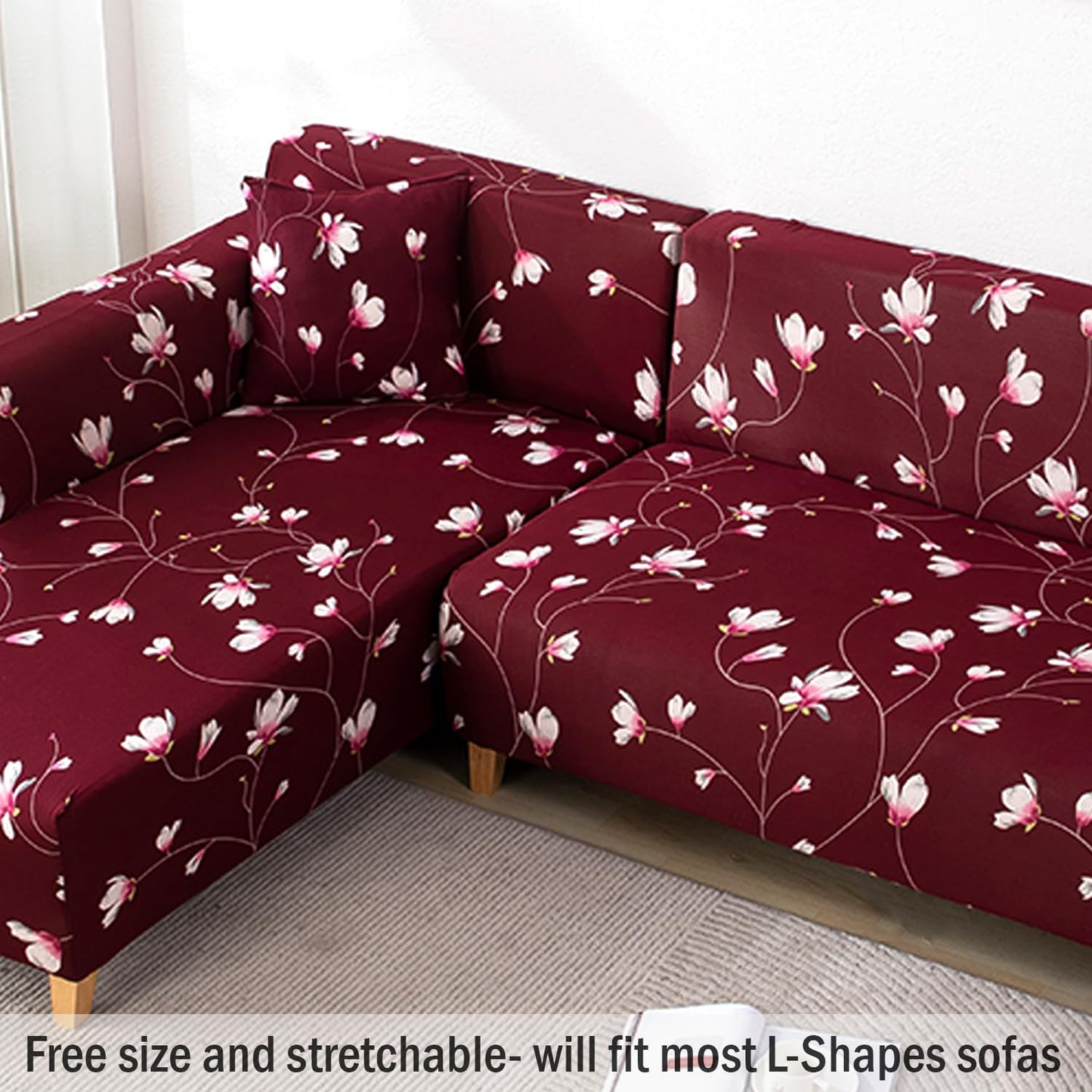 L Shape Sofa Cover-Floral Maroon - Luxury Quality Strechable & Dust-proof Sofa Cover